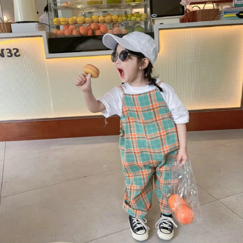 Baby Plaid Suspenders Jumpsuit  For Girls Pockets Trousers Spring Summer New Bodysuit Casual Rompers Fashion Children\'S Clothing