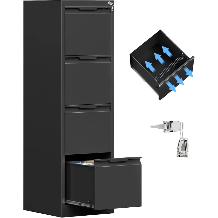 Home Office 4-Drawer File Cabinet with Lock, Steel Construction, Matte Black Finish, Heavy-Duty Smooth-Glide Drawers