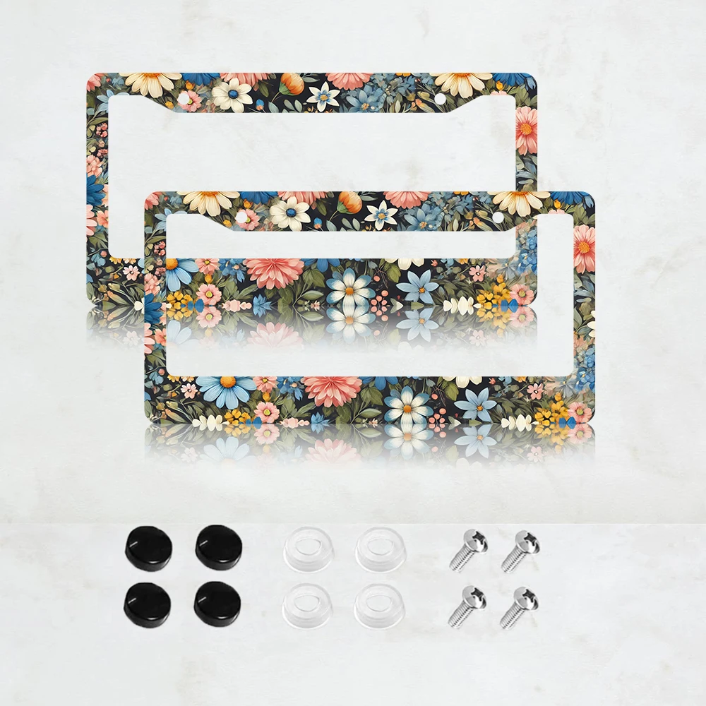 

2PC Colorful Floral Flowers License Plate Frame Aluminum License Plate Frame - 6 x 12 Inch US Standard Size, Decorative Car