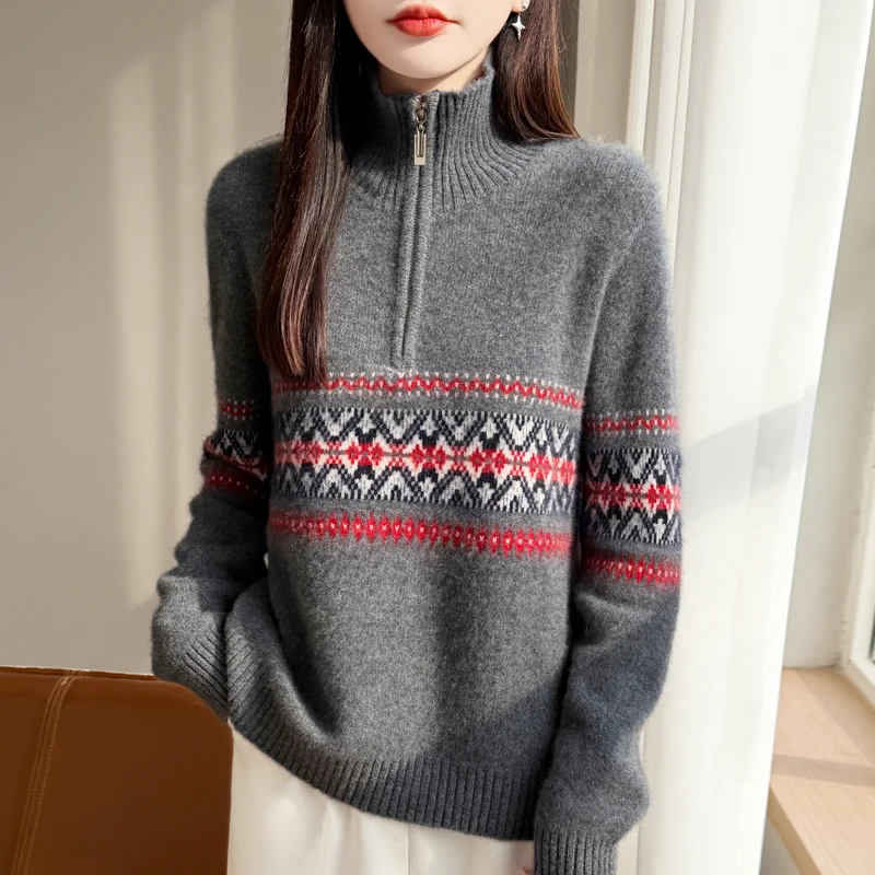 High Quality Women's Jacquard Pullover Sweater 100%Merino Wool Turtleneck Autumn Winter Thick Soft Warm Knitwear Female Clothing