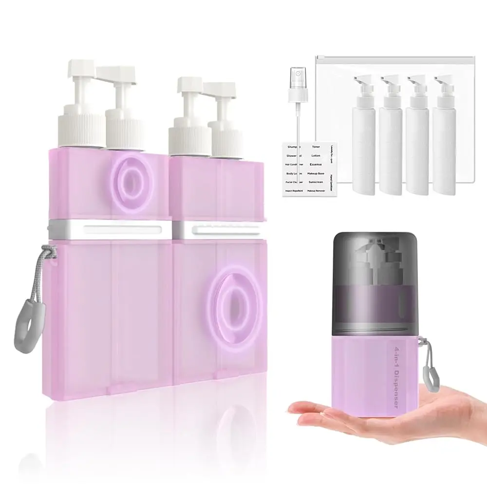 

Набор дорожных контейнеров для туалетных принадлежностей 4 в 1, одобренный TSA, многоразовые бутылочки для путешествий с присоской для гладких поверхностей