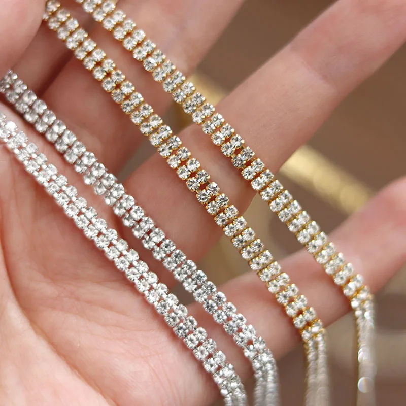 Double Rows Rhinestone Cup Chain With Gold or Silver Base Crystal Rhinestone Mesh Trim for DIY Dance Dress Clothing