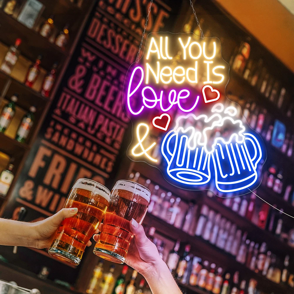 All You Need Is Love and Beer Neon Sign Custom Beer Bar Logo Neon Light Man Cave Wall Art Beer Club Decoration Neon Signs