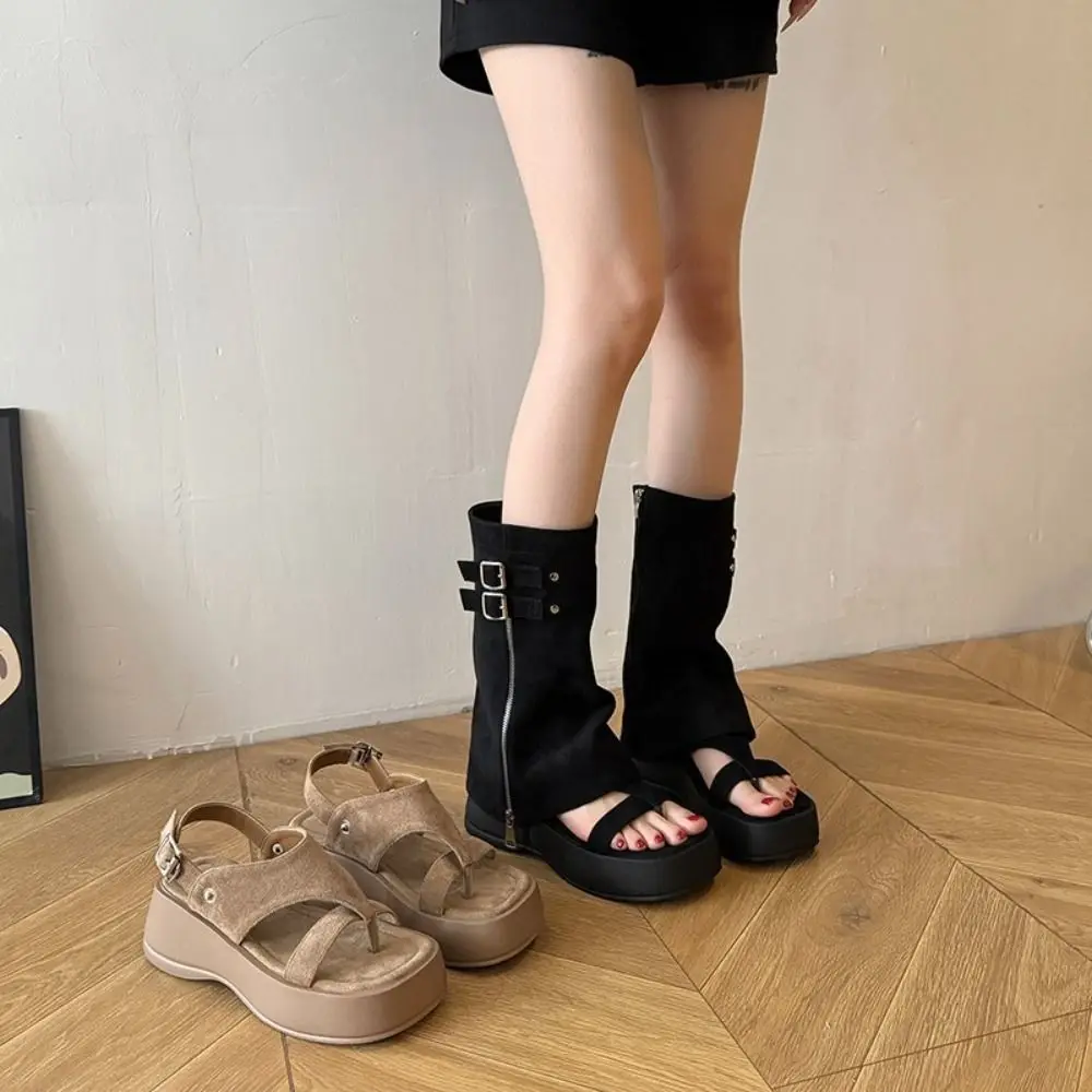 

Casual Designer Women's Sandals Boots Belt Buckle Gothic Open Toe Boots Y2k Punk Gladiator Thick Sole Shoes Summer