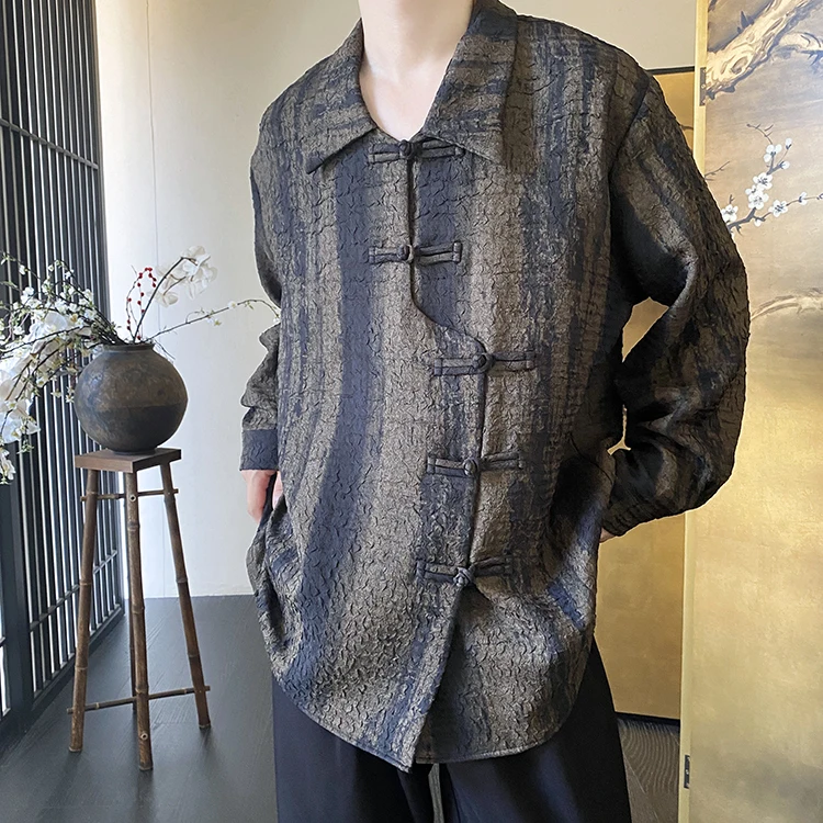 

Loose Fit Long Sve Button up irt Men Women k New Chinese Asymmetric Door Design Water adient Stripe Pattern Casual ...