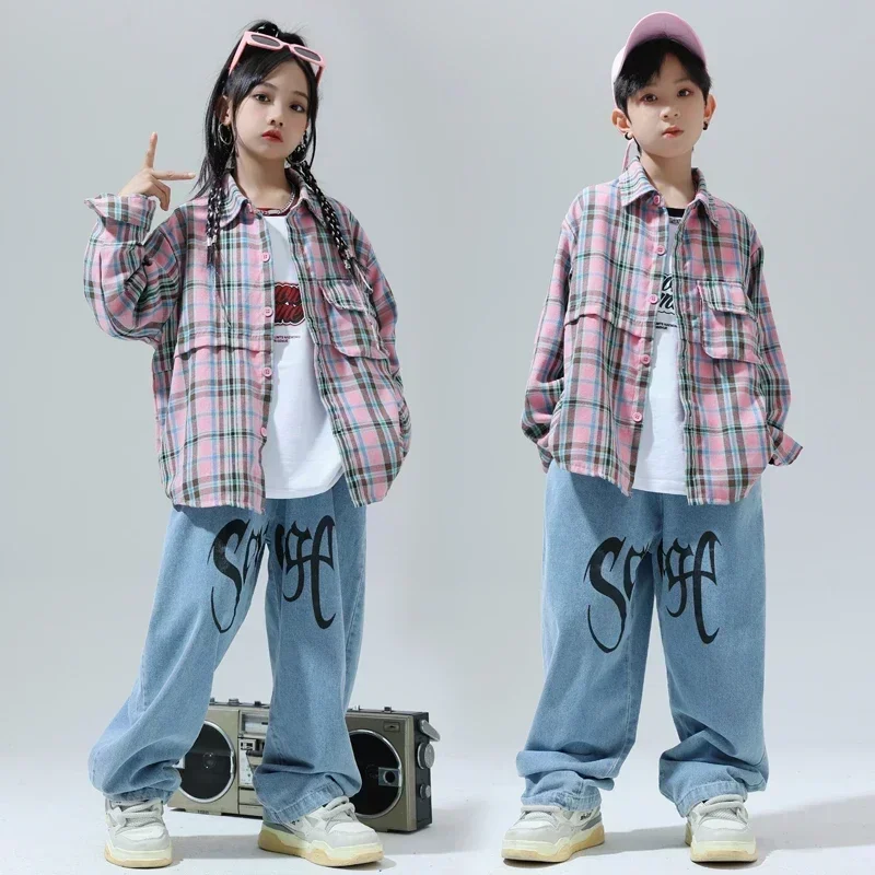 Abbigliamento Bambini Streetwear Bambino Jazz Mostrando Kpop Abiti Ragazzi Abbigliamento Hip Hop Camicia scozzese rosa Pantaloni in denim Ragazze Street Dance