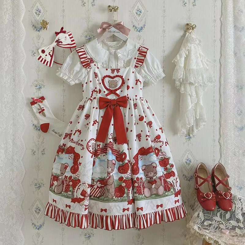 Delantal de vestido de una pieza de longitud media, diseño Original japonés, dibujo de fresa, oso, Lolita, diario, dulce niña, dulce burbuja, manga corta