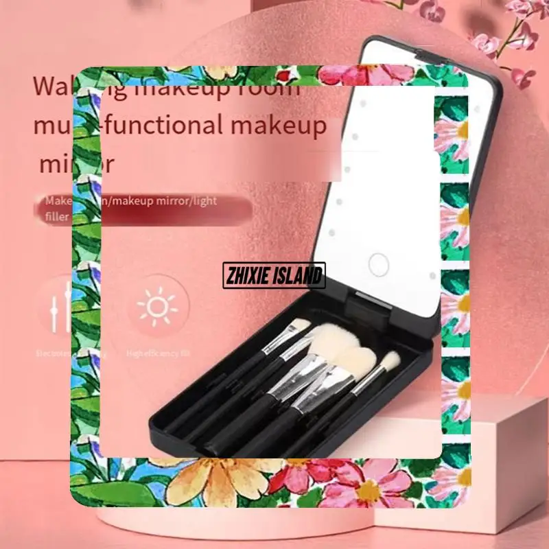 Mirror Portable Folding Mirror With 5 Brushes Storage Box LED Touch Portable One-Face Storage Box Makeup Mirror White