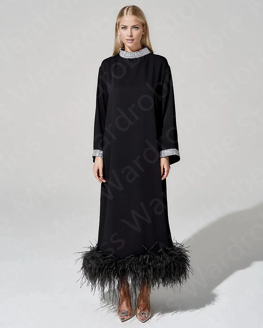 Latest Classic Black Evening Dresses 2024 Feather Dress Long Sleeve Prom Party Gowns Sequined Wedding Guest Gowns Ankle Length