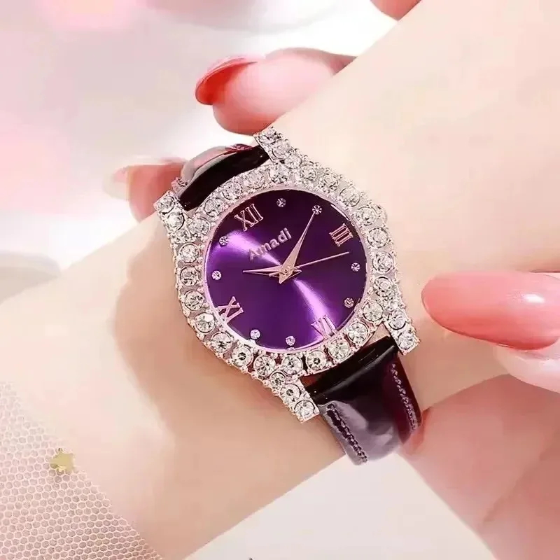 Reloj de cuarzo Y2k con esfera romana para mujer, Reloj de pulsera Vintage con correa de cuero y diamantes brillantes negros, Reloj de regalo para mujer
