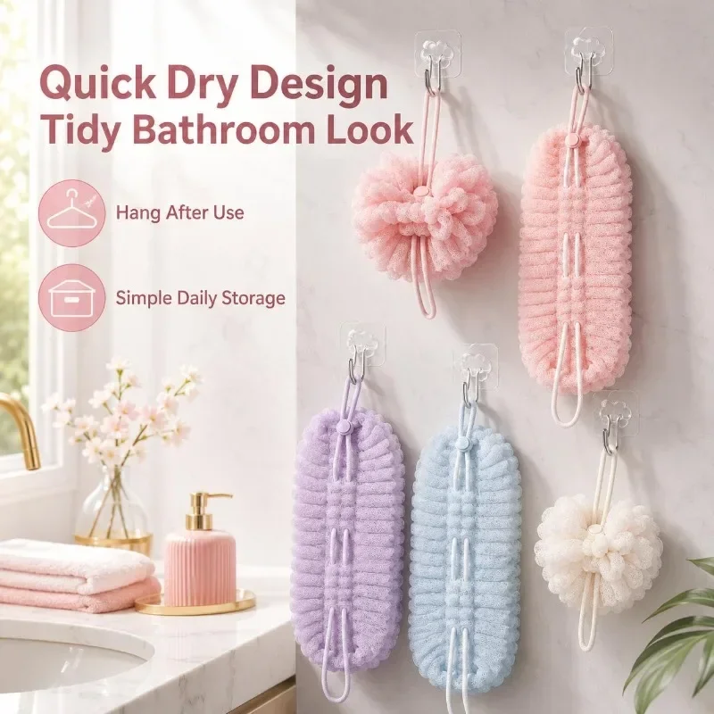 2 in 1 Bath Scrub Towel Back Cleaning Brush and Shower Sponge with Suction Cup Soft Mesh Hook Portable Durable for Bathroom