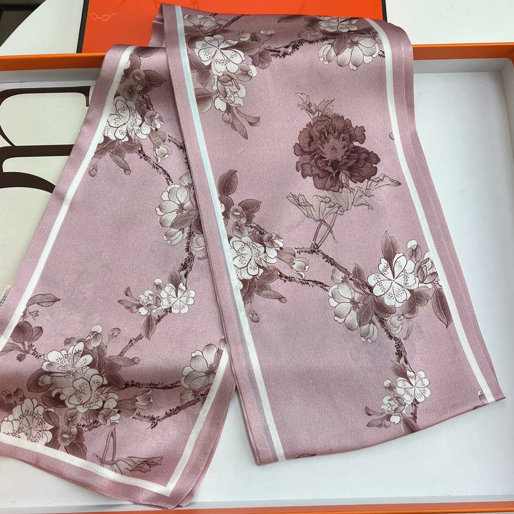 BirdTree, 100%Real Slik Elegant Narrow Scarf, 145cm Flower Print, Mom Gift French Retro Chic Scarf, 2024 Summer Autumn A465126QC