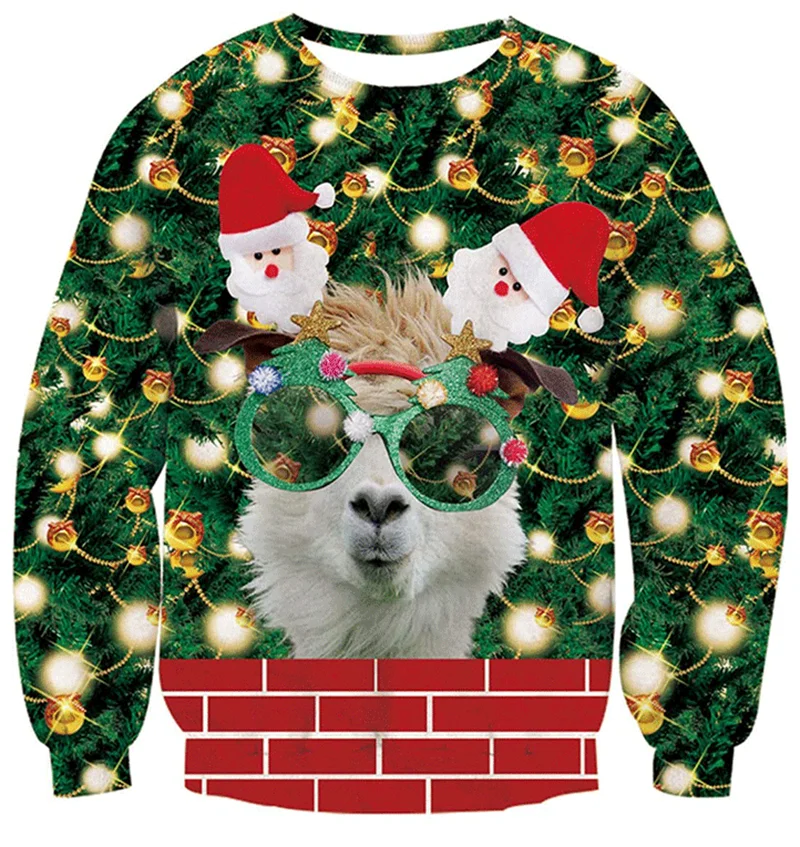 Harajuku 3D Print Funny Christmas Sweatshirts Reindeer Santa Xmas Ornaments Graphic Ugly Christmas Sweatshirts Mens Clothing Top