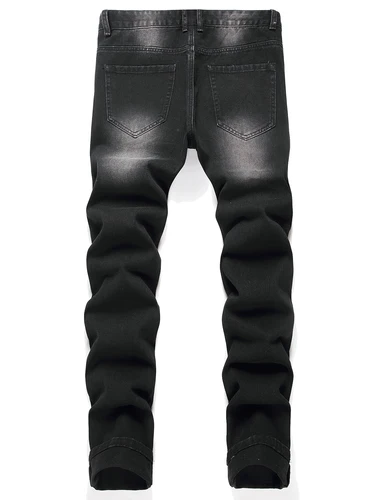 Imagen 2 del producto Pantalones vaqueros negros Y2K de tiro medio para hombre, pantalones de pierna recta con diseño de estrella plateada, ropa vaquera rasgada desgastada, ropa de calle masculina de Hip Hop