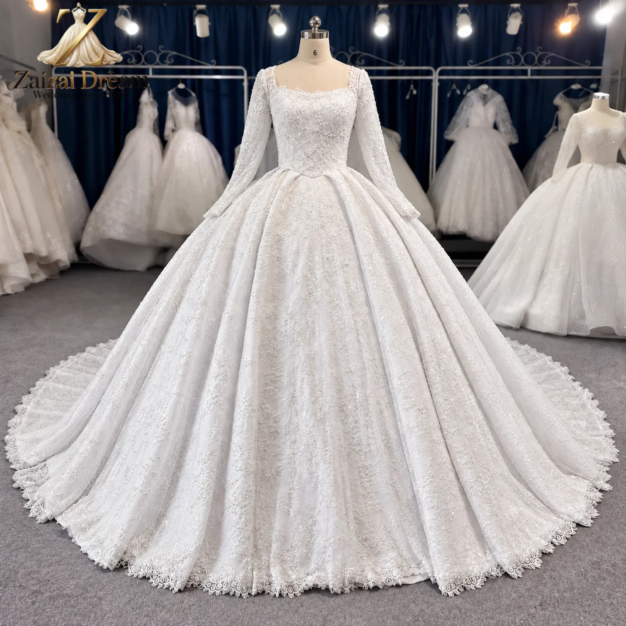 Customized Real Photo Luxury Beaded Lace Wedding Dress Long Sleeve Square Neck Ball Gown Bridal Dress with Vestido De Novia