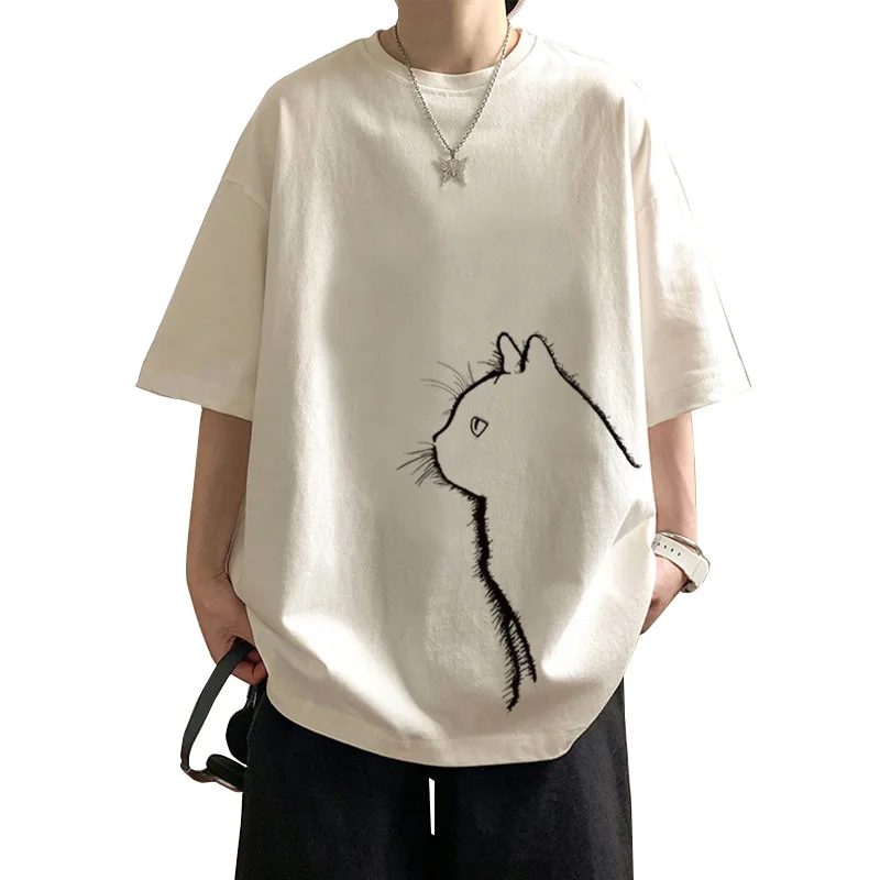 Cotton 100% Cat-printed Couple's Trendy Short-sleeved T-shirts, Men's New Summer Casual Half-sleeved Base Layer Graphic T Shirts