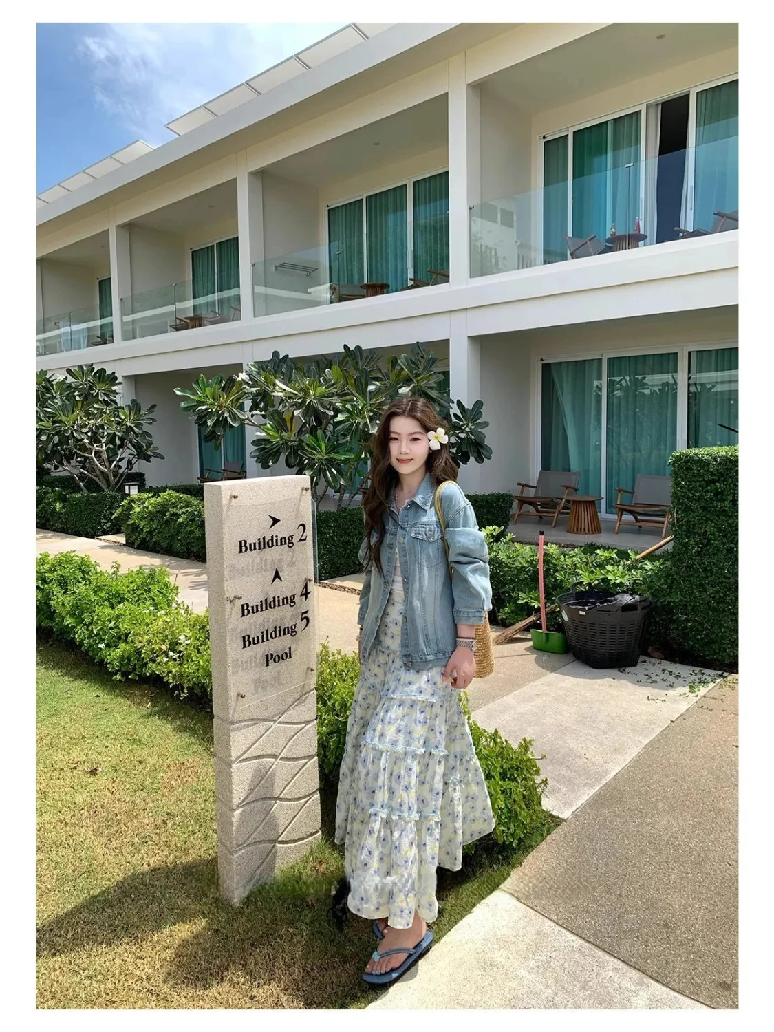 Dopamine Korean Style Blue Floral Half Skirt Women's Summer Vacation Travel High Waist A-Line Beach Long Skirt Swing Dress