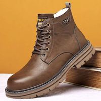 Men's Winter New Leather High Top Snow Boots Thick Sole Non Slip Waterproof Plush Warm Lace Up Low Heel Work Boots Cotton Boots
