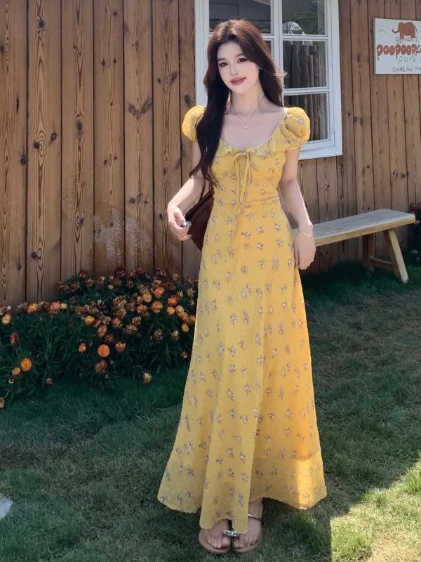 

plus Size Floral Print Dress with Puffy Sleeves And V-Neck Design Casual Commute Style A-Line Long Summer Dress for Women