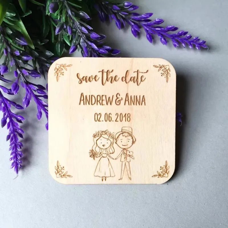 Personalized Square Magnet for Wedding, Save the Date, Wooden Invitation Refrigerator magnet, Bride Groom Gifts,Wedding Favors