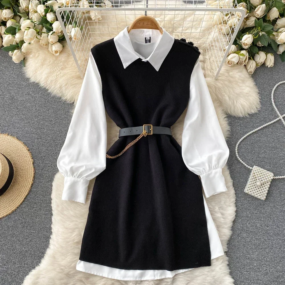 Chic Sashes Women Two-Piece Sets Basics Long Sleeve Single Breasted Shirt and Slim Split Knit Vest Korean Autumn Winter Clothing