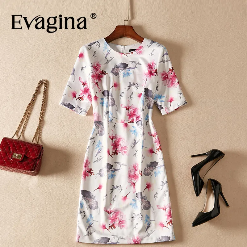 

Evagina New Fashion Runway Designer Dress Women's Short-Sleeved Print Commuter Ivory White S-XXL High Quality Mini Dresses