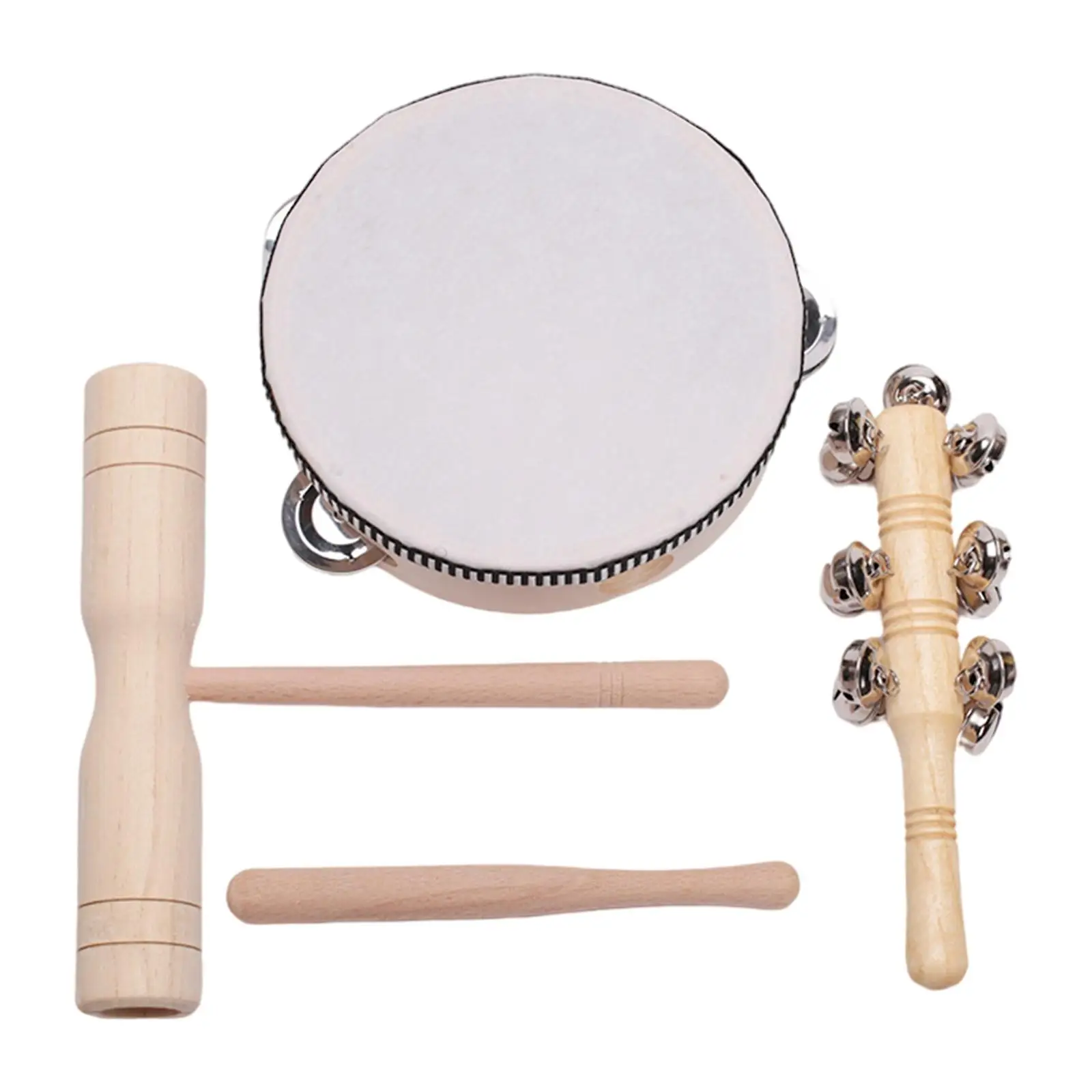 Kids Wooden Musical Instruments Set with Tambourine Drum Double Boomer Triangle for Toddlers 1-3 Montessori Preschool Toys