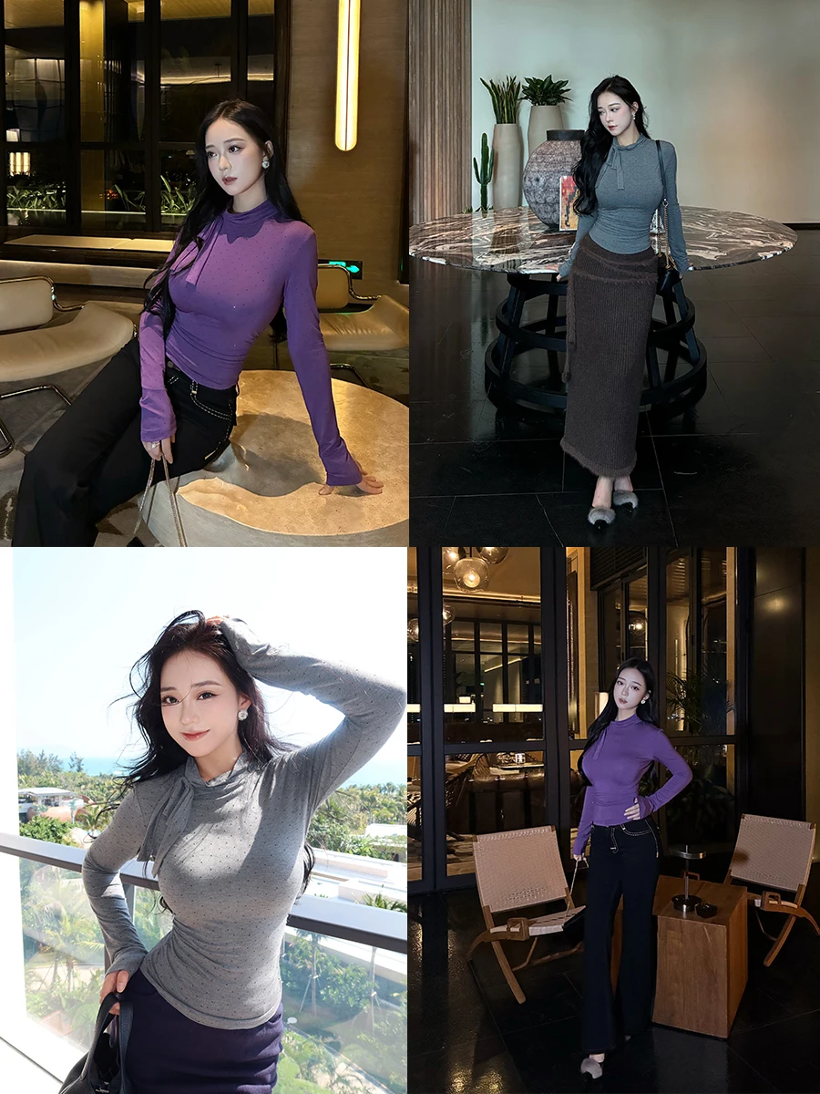 

Romantic Sle Women's T-irt Cherry Brand f High Collar Knot Heat Set Diamond Fro Long Sve Slim Fit Top