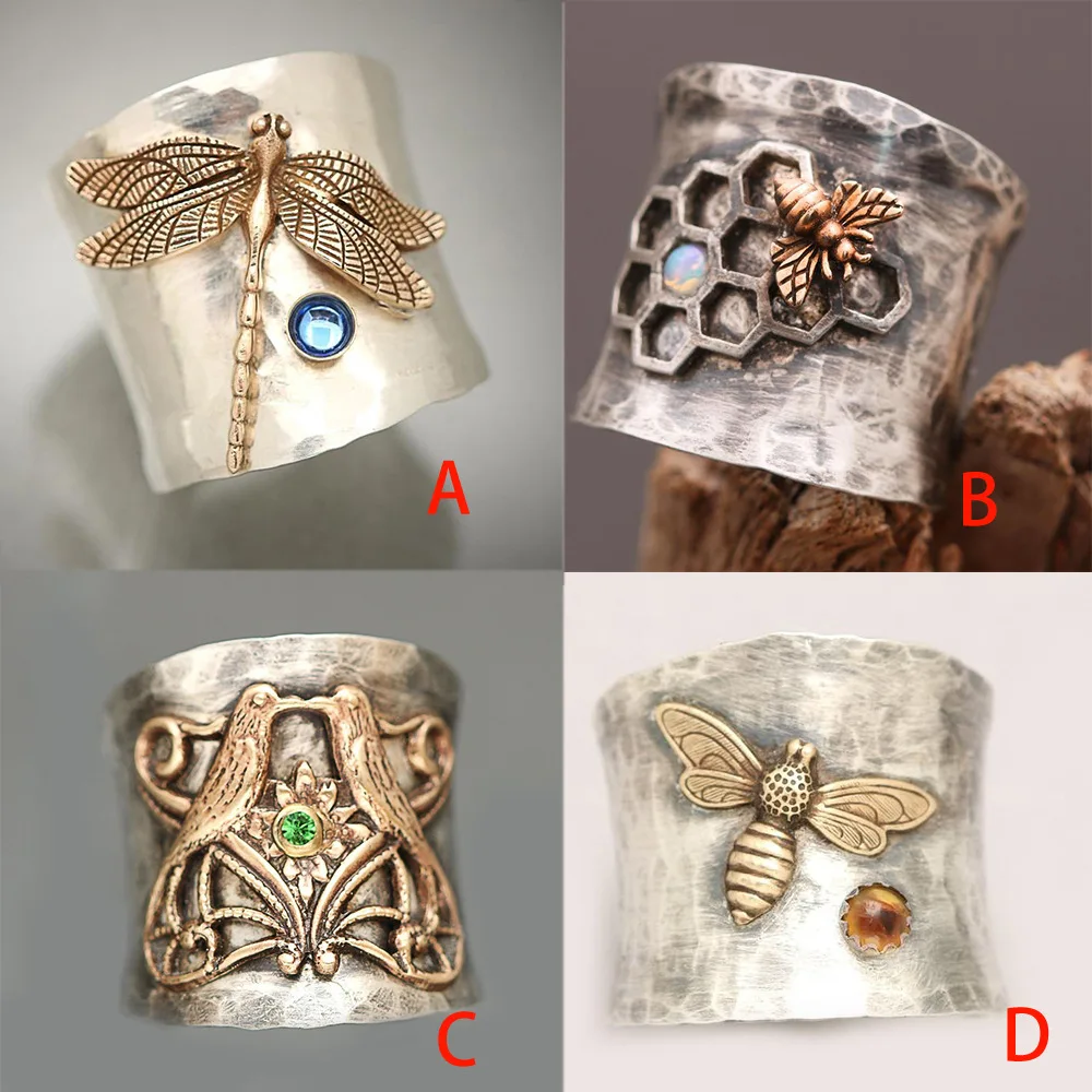 Vintage engraved yellow-gold dragonfly silver ring, exaggerated round tube bee bird magpie ring