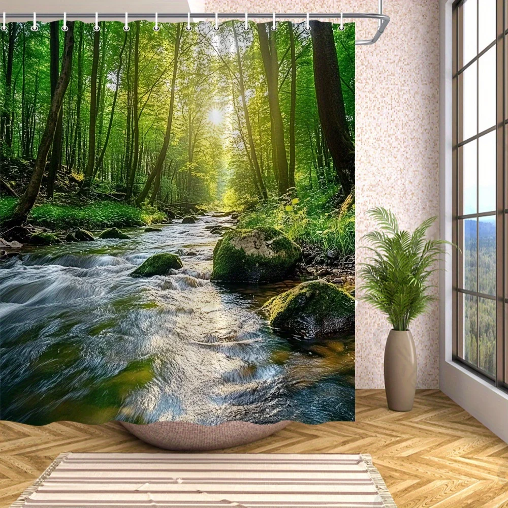 Forest Shower Curtain Sunlight Stream Print Waterproof Fabric Bathroom Curtains with Hooks Green Nature Landscape Home Decor