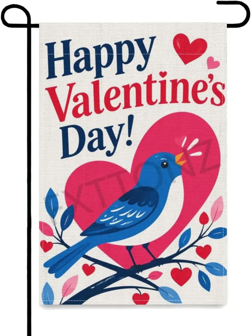 Welcome Garden Flag 12x18 Inch Double Sided Linen Yard Flag, Happy Valentine's Day Blue Bird on Branch with Red Hearts,  xxl