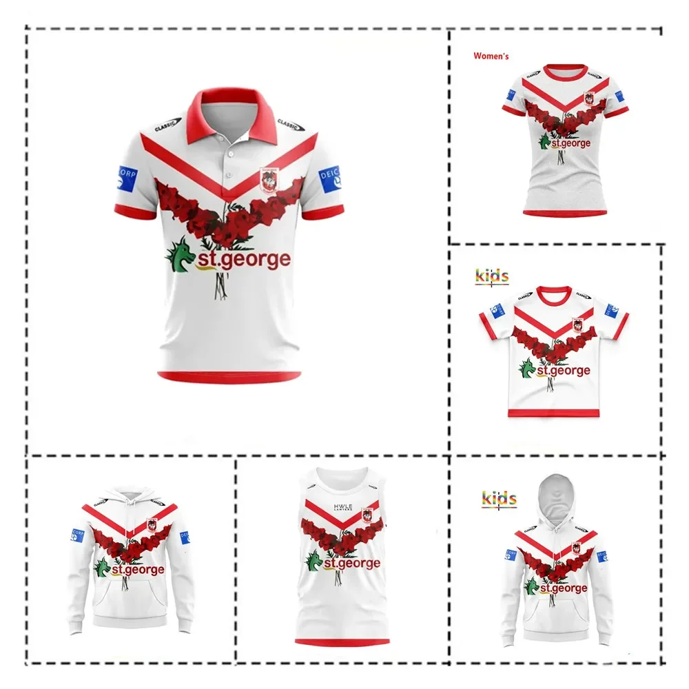 2024 St George Illawarra Dragons Anzac Hoodie Rugby Jersey Kids - Women's - Men's Size: S-5XL（Print Custom Name Number）