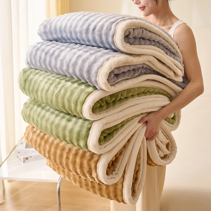 

Winter Thick Single Layer Rabbit Plush Blanket Warm Carved Bed Cover Soft Cat Down Style Cozy Solid Color Throw for Home Bed Use