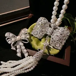 2023 Women Lace honeycomb bow gemstone pearl necklace butterfly pearl zircon brooch