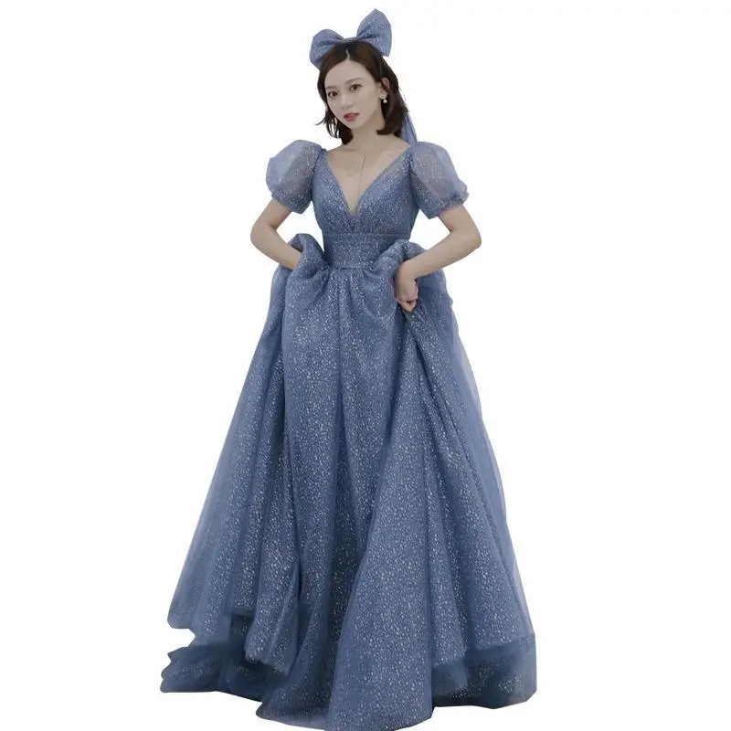 Luz azul vestido de noite de luxo 2025 outono novo estilo sonhador fada arte exame princesa vestido longo sonhador banquete vestido