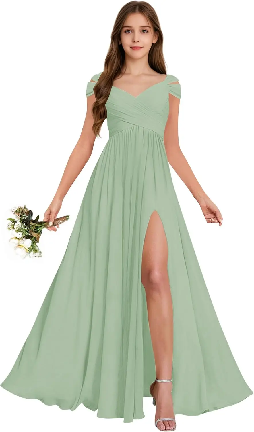 

A Line Off The Shoulder Junior Bridesmaid Dresses Pleated Chiffon Split Flower Girl Dress for Formal Wedding Pageant Girl Dress