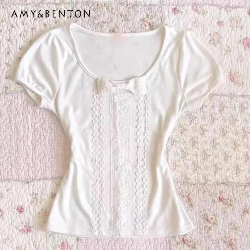 

Original Retro White Lace Trim Splicing Short Sleeve Women's T-shirts 2026 Spring Summer New Slimming Versatile T-Shirt Ladies