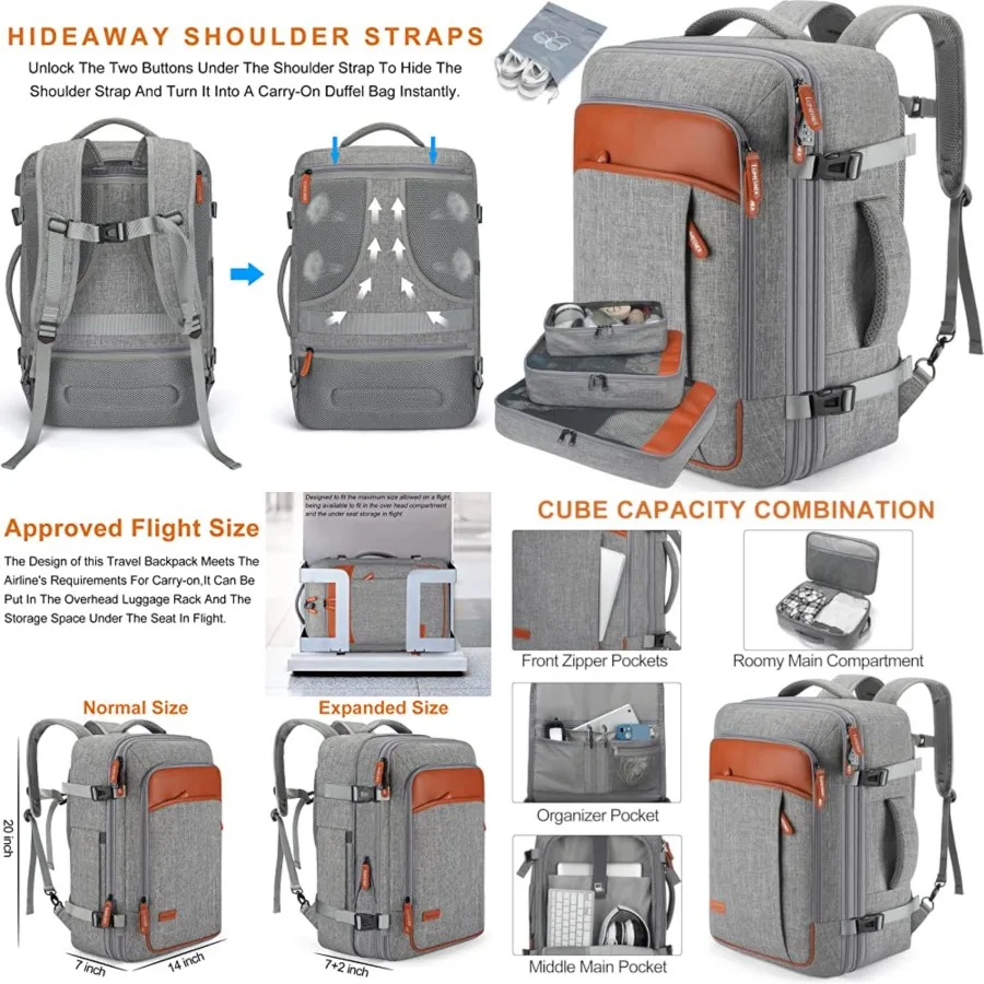 

Carry on Travel Backpacks, Extra Large 40L Flight Approved Bag for Men and Women, Expandable Suitcase Backpack With 4 Packing C