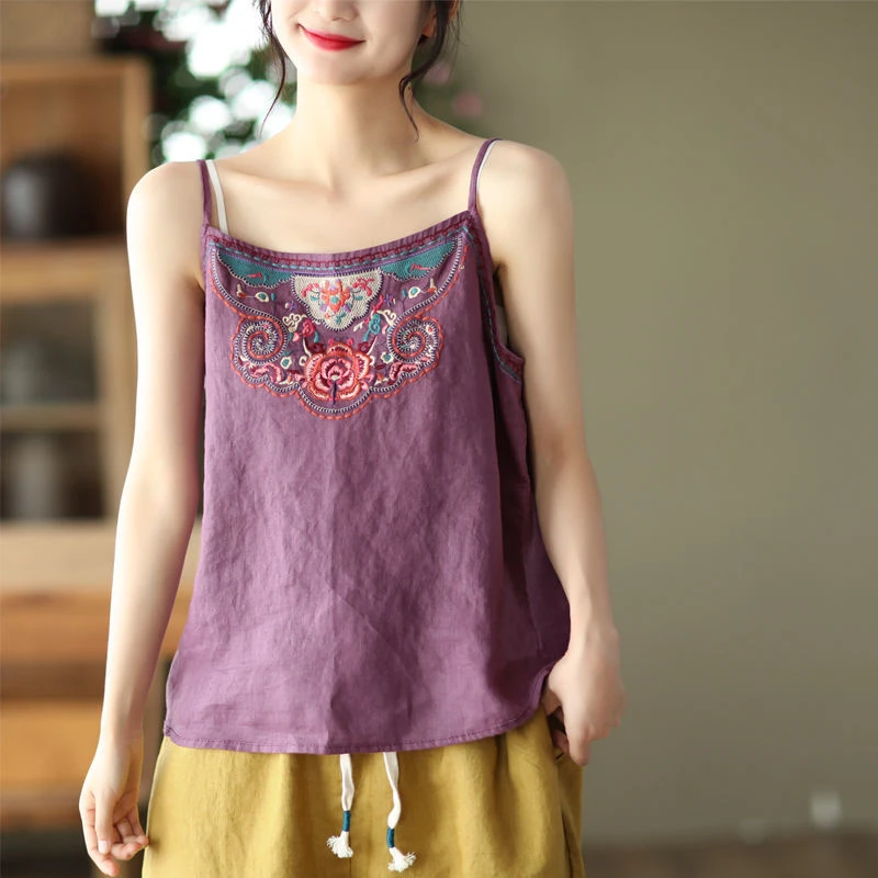Vintage Woman Tank Tops Summer Solid Cotton Linen Embroidery Spaghetti Strap Camis Loose Casual Blusas Tunic Tops Tee