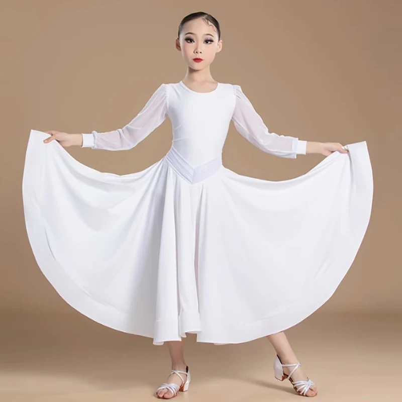 キッズガールズモダン社交ダンスウェア子供長袖ボディスーツと大きなスカート国家標準パフォーマンスダンス衣装