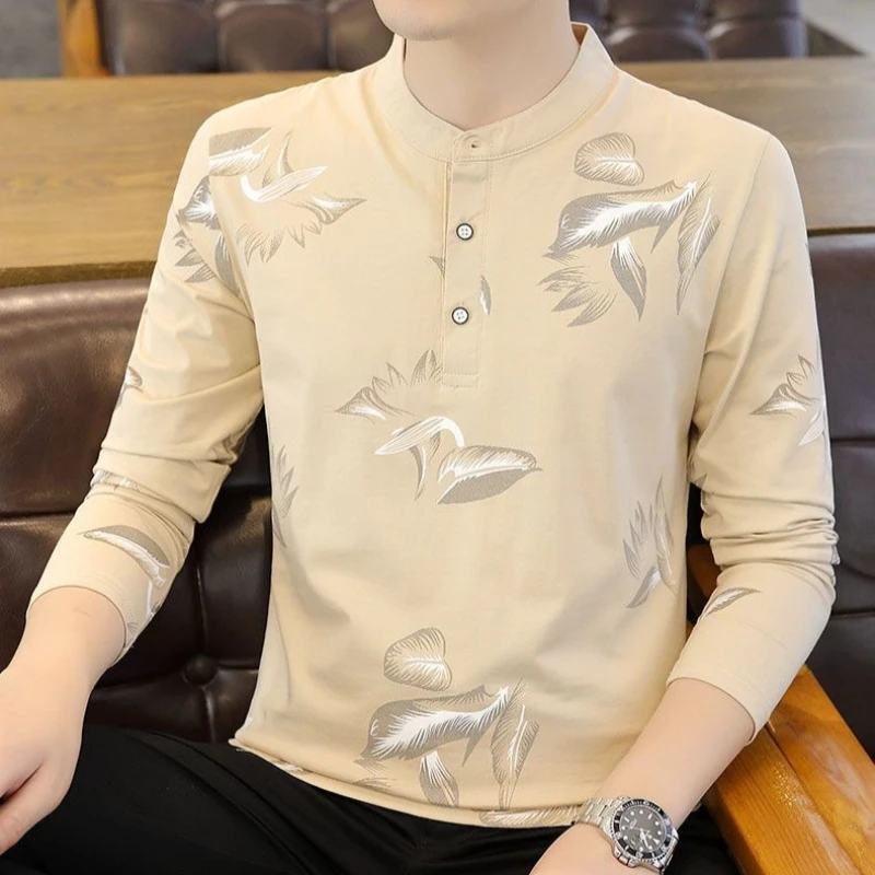 

Мужская хлопковая рубашка поло с воротником-стойкой и длинными рукавами, весенне-осенний модный модный универсальный облегающий базовый слойный топ