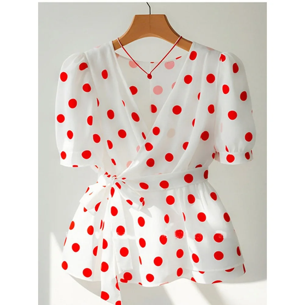 Korean Elegant Red Polka Dot Shirts for Women Office Lady Tops Summer French Fashion Ladies Tops Short Sleeve Blouse for Women