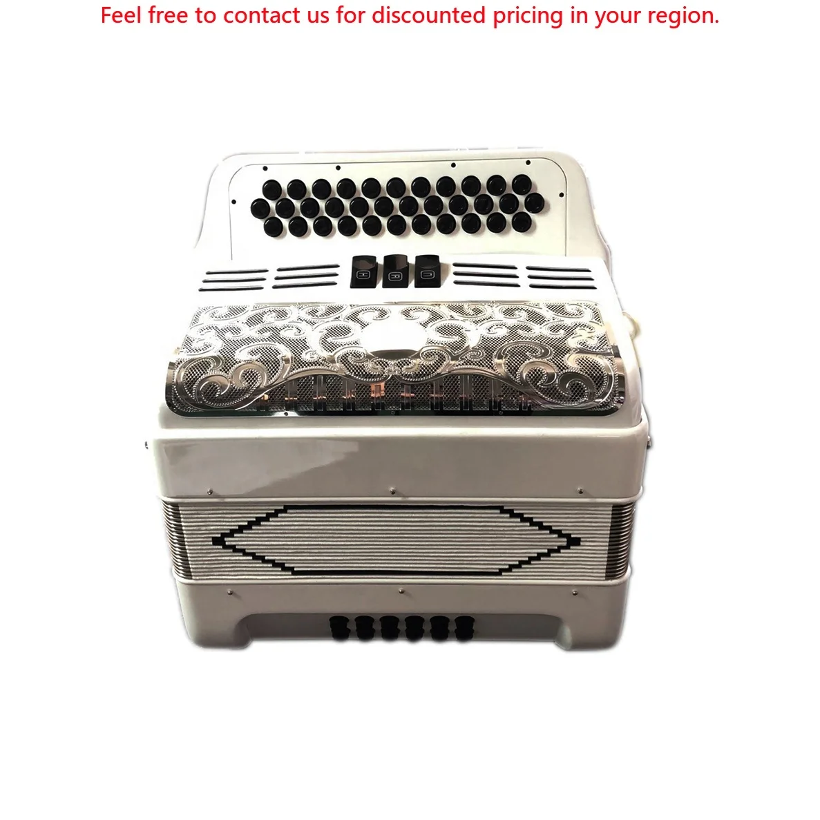 

Professional Diatonic Accordion JB3412C 34 Buttons 12 Bass 3 Registers Bright White Body With Silver Grill Black Buttons