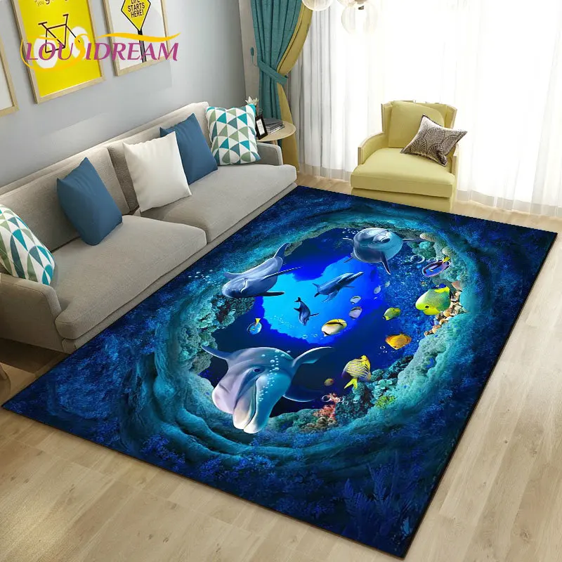 ثلاثية الأبعاد قاع البحر الوهم تحت الماء العالم دولفين القرش منطقة البساط ، السجاد البساط لغرفة المعيشة غرفة نوم أريكة ممسحة عدم الانزلاق الكلمة حصيرة