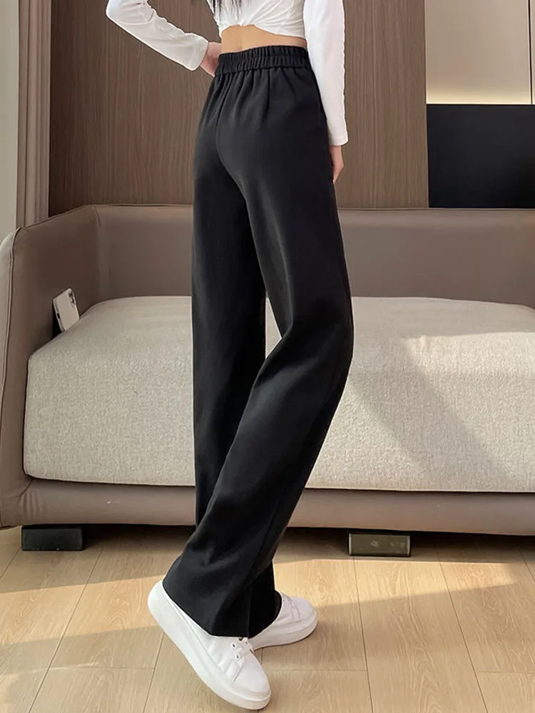 Korean Design Thicken Loose Straight Pants Winter Warm High Waist Velvet Lined Wide Leg Pantalones Casual Snow Wear Sweatpants