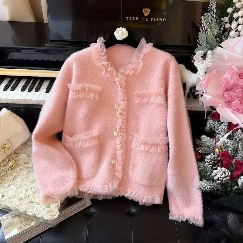 

Autumn Winter New Imitation Mink Velvet Jacket Women's Short Casual All-Match Spliced Lace Lace Knitted Cardigan Ladies Sweater