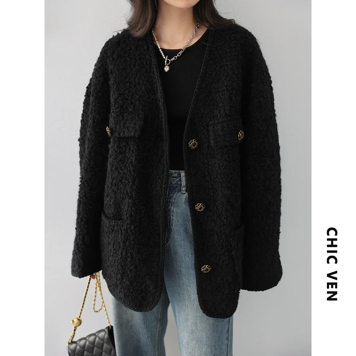 CHIC VEN Fashion Women\'s Wool Coat Single Breasted Vintage Jacket V-Neck Office Lady Overcoat Female Tops Spring Autumn 2023