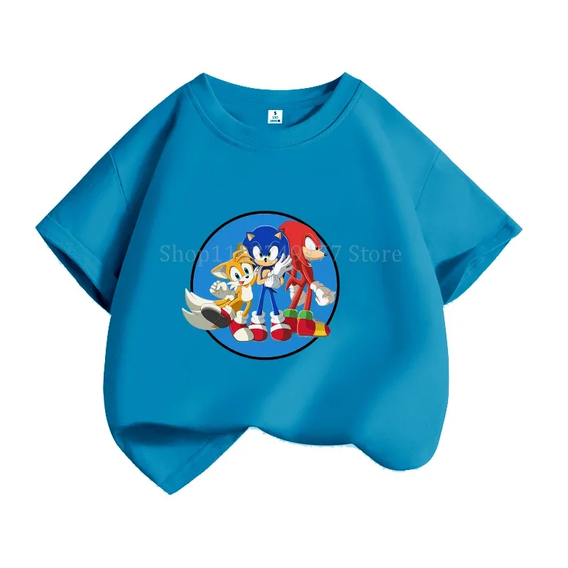 子供用ソニックアニメプリントTシャツ,ラウンドネックカジュアルトップ,純綿,半袖シャツ,パーソナライズされた服,夏