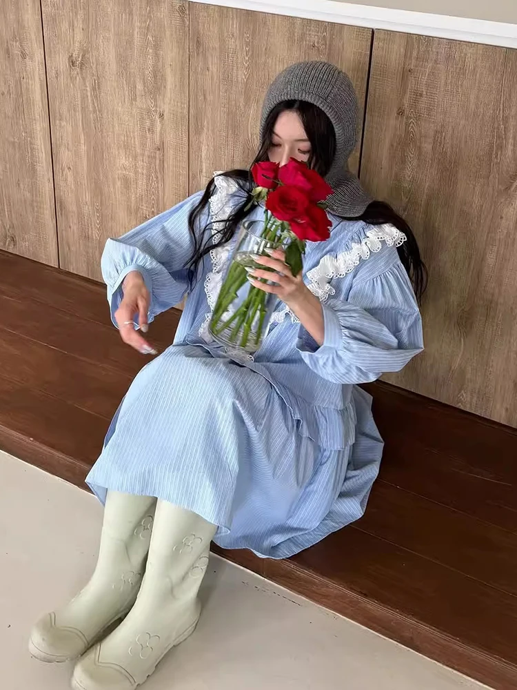 สไตล์เกาหลี Spliced Lace Ruffle ลายเสื้อเชิ้ตผู้หญิงฤดูใบไม้ผลิหวานหลวมโคมไฟแขนสั้นเดรสแฟชั่น Ins