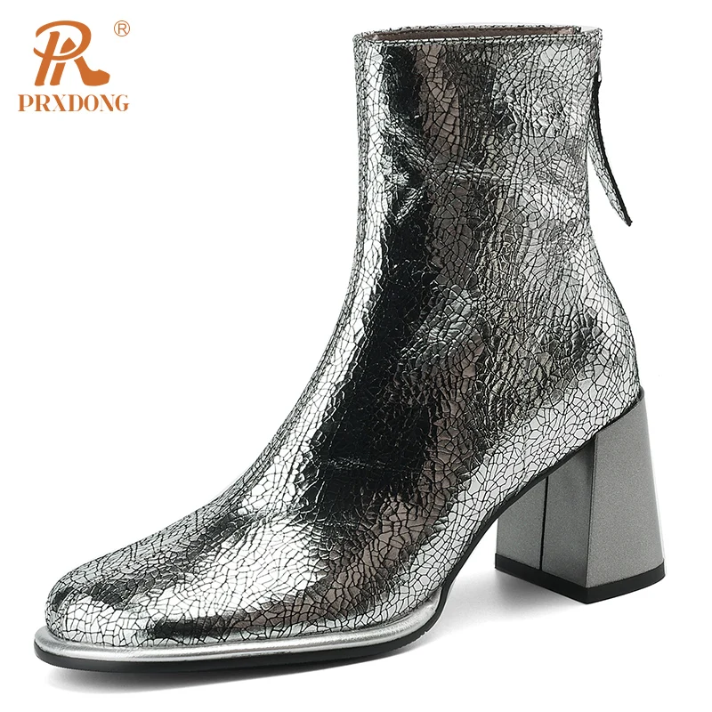 PRXDONG INS Brand Women's Shoes Square High Heels Round Toe Gold Silver Zipper Dress Party Casual Lady Ankle Boots Size 34-39